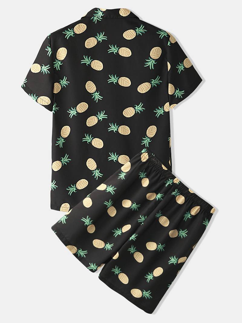 Miesten Funny Sarjakuva Ananas Painatus Black Pyjama Set Summer Home Sleepwear