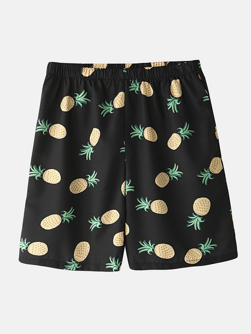 Miesten Funny Sarjakuva Ananas Painatus Black Pyjama Set Summer Home Sleepwear