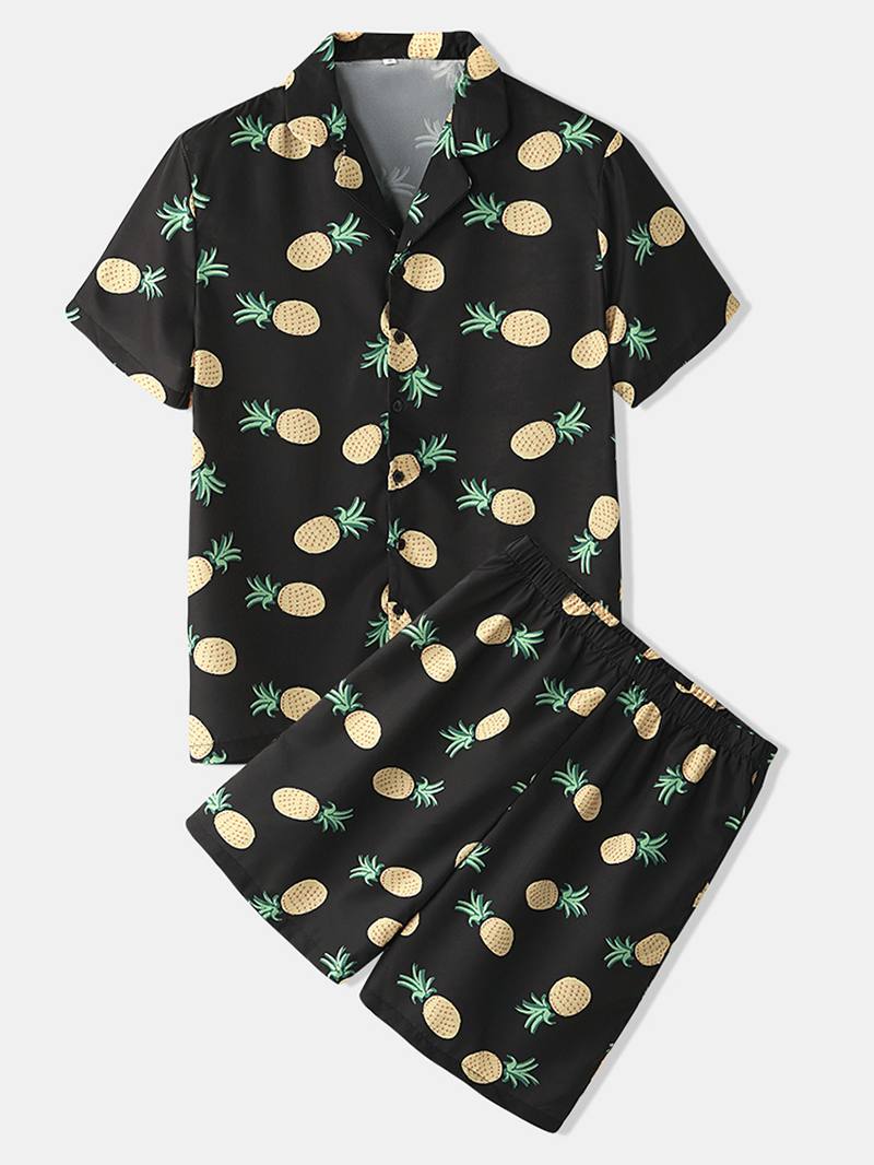 Miesten Funny Sarjakuva Ananas Painatus Black Pyjama Set Summer Home Sleepwear