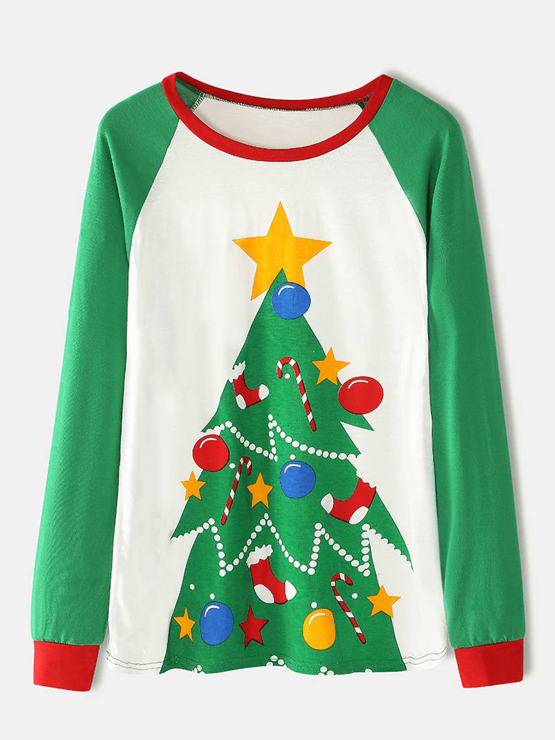 Naiset Sarjakuva Joulukuusipainatusti Raglan Hihat Puserot Joustava Vyötärö Jogger Housut Koti Pyjama Set
