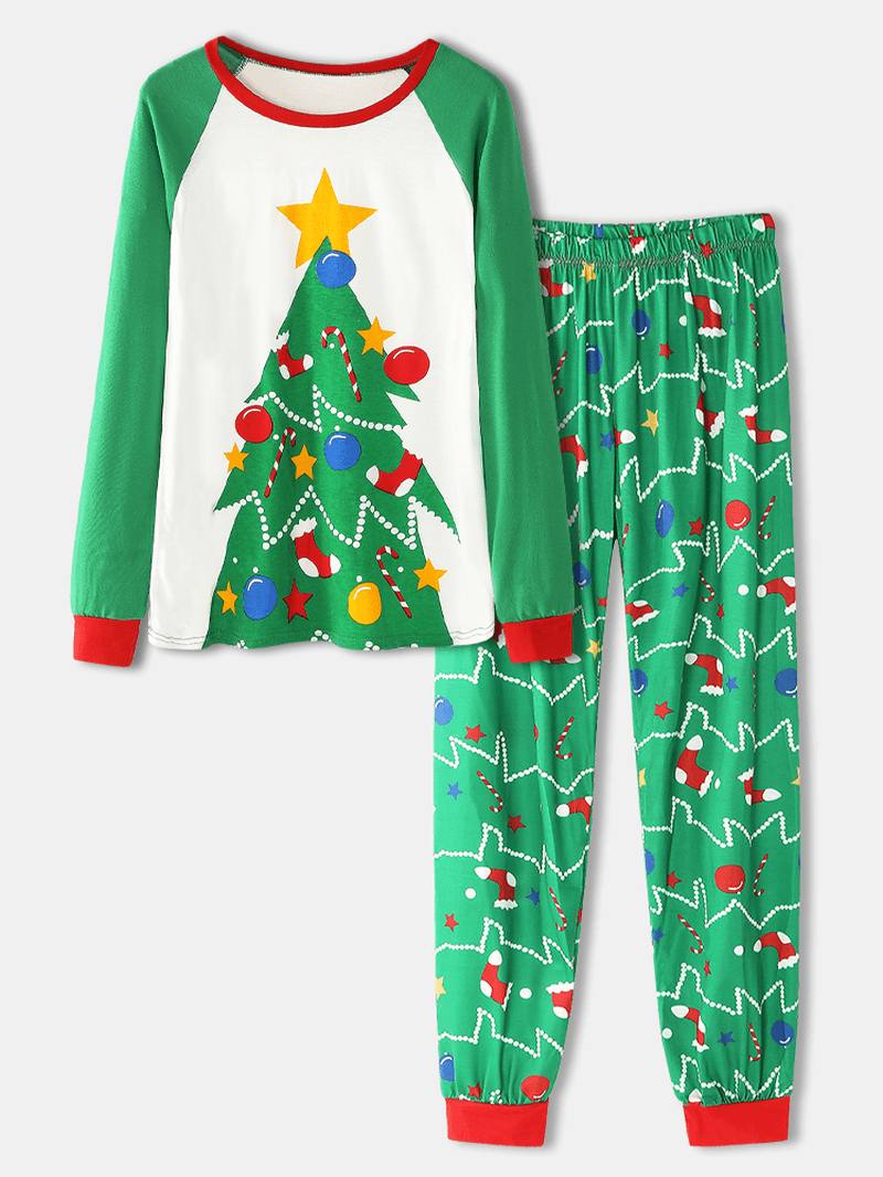 Naiset Sarjakuva Joulukuusipainatusti Raglan Hihat Puserot Joustava Vyötärö Jogger Housut Koti Pyjama Set