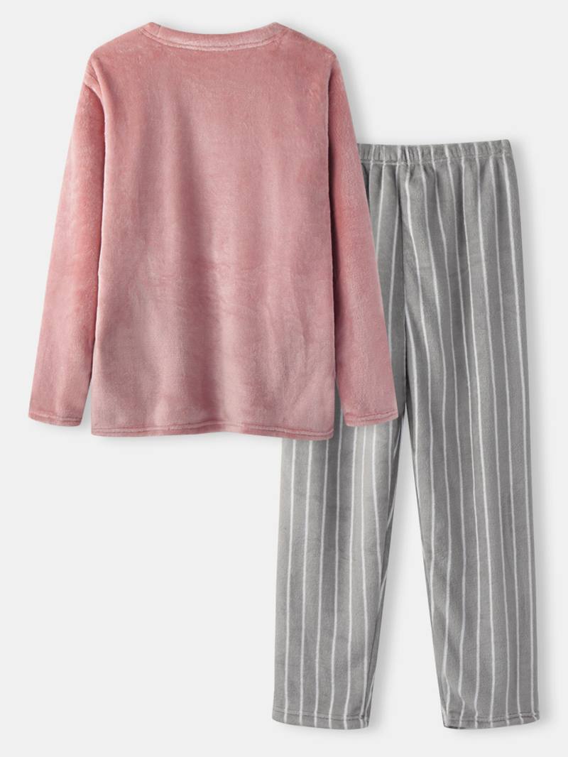 Naisten Flanelli Paksu Hirvikirjonta O-kaula-raidalliset Housut Kotiin Rennot Lämpimät Pyjamasetit