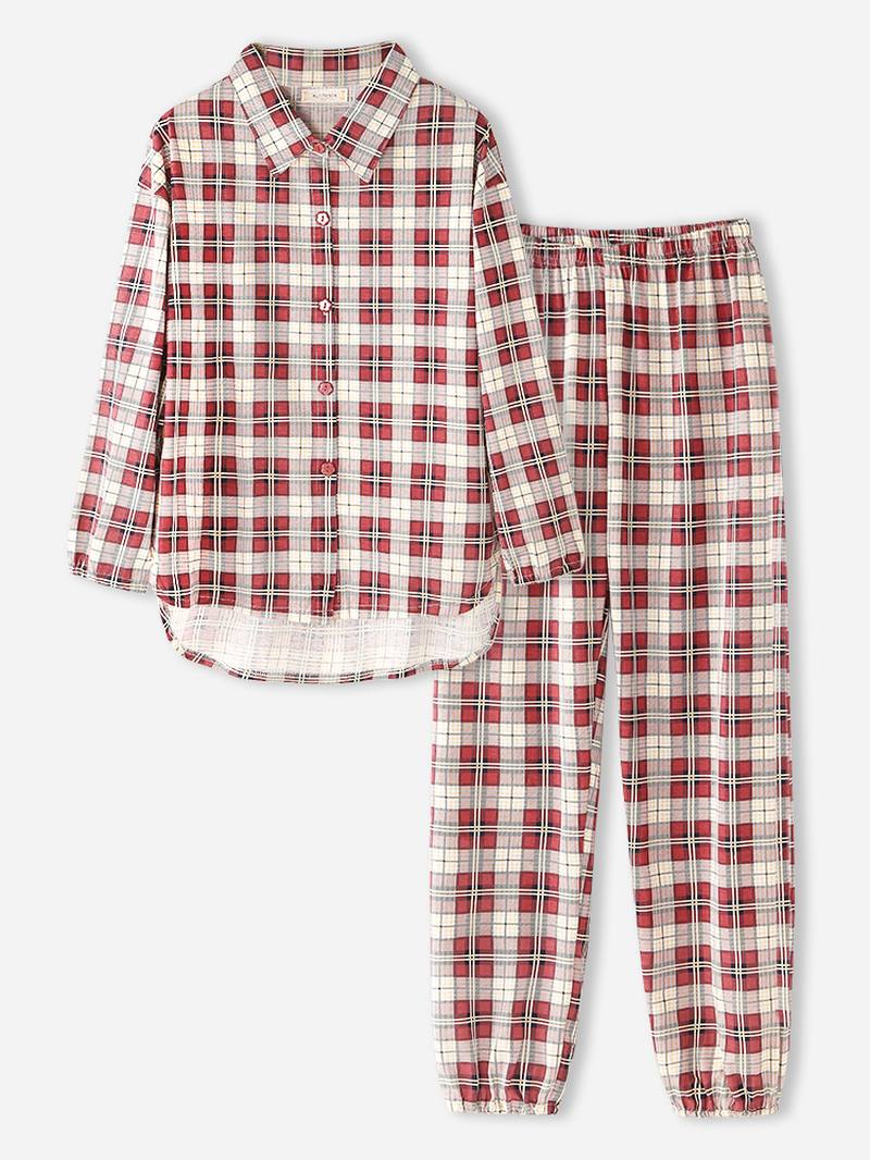 Naisten Ruudullinen Painatus Käänne Korkea-matala Helma Paita Jousto Vyötäröhousut Koti Pyjama Set