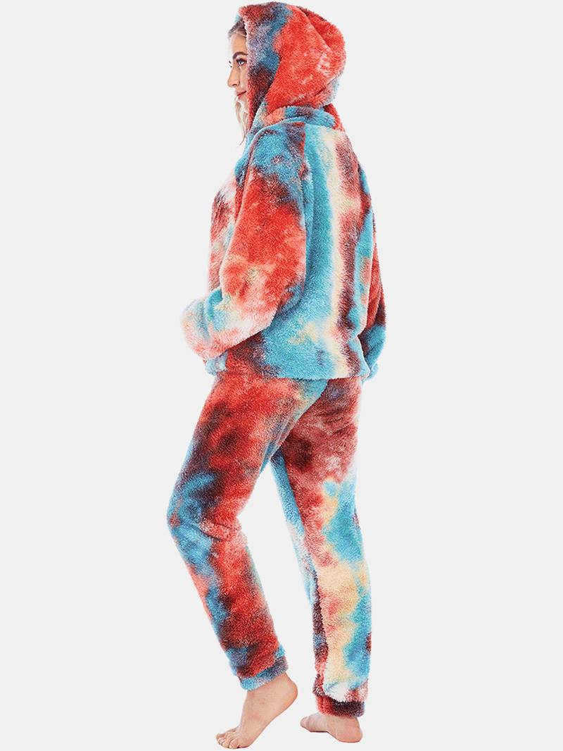 Naisten Solmio Dye Fleece Kangaroo Taskuhupparihousut Koti Sleepweat Rento Pyjama-setti