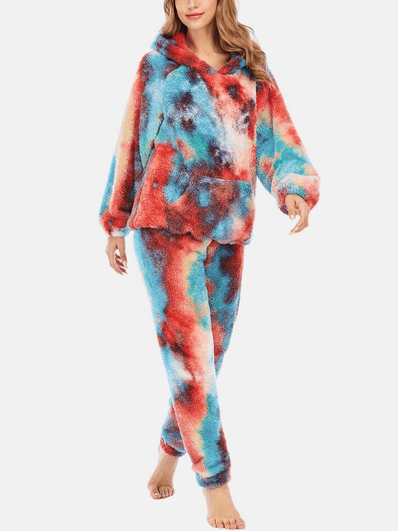 Naisten Solmio Dye Fleece Kangaroo Taskuhupparihousut Koti Sleepweat Rento Pyjama-setti