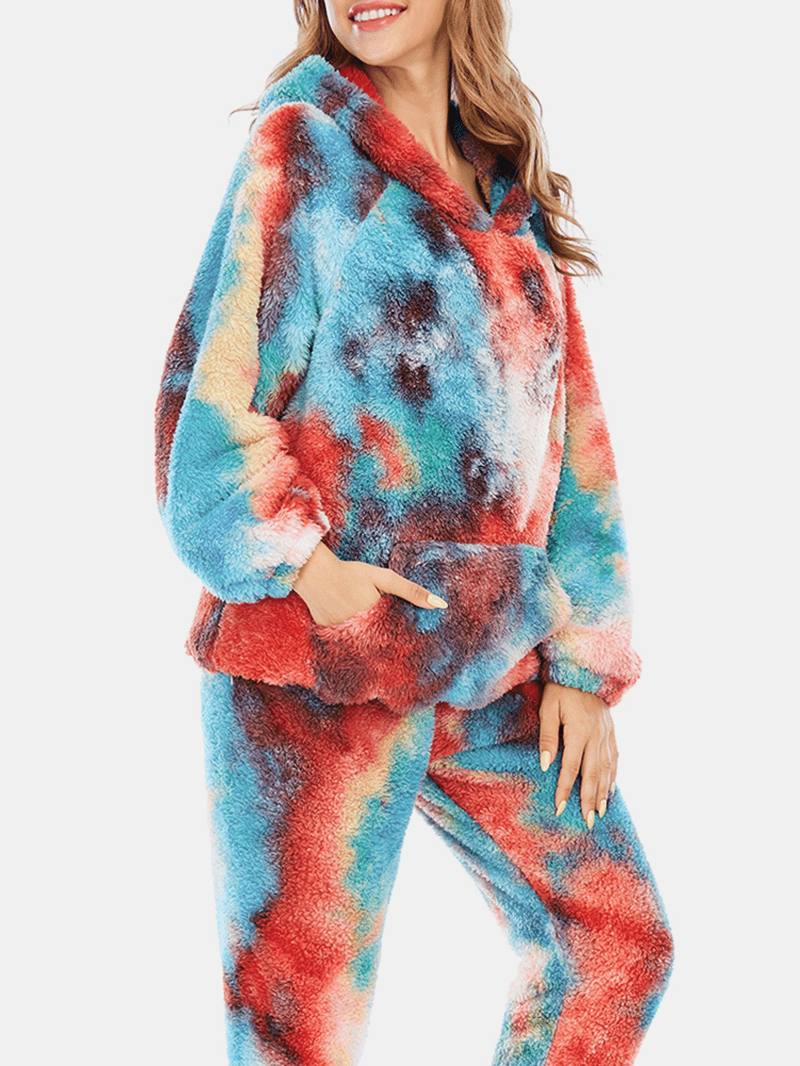 Naisten Solmio Dye Fleece Kangaroo Taskuhupparihousut Koti Sleepweat Rento Pyjama-setti