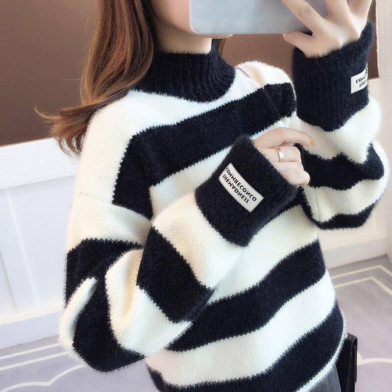 Neule Naisten Turtleneck Neule Neulepusero Raita Paksu Neule Jäljitelty Minkki Villa Neule Sweer Naisten Vaatteet
