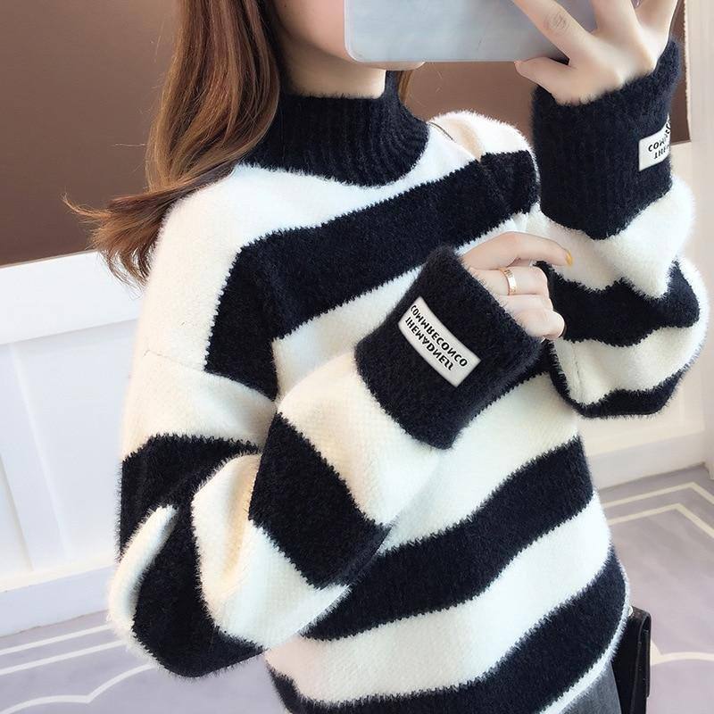 Neule Naisten Turtleneck Neule Neulepusero Raita Paksu Neule Jäljitelty Minkki Villa Neule Sweer Naisten Vaatteet