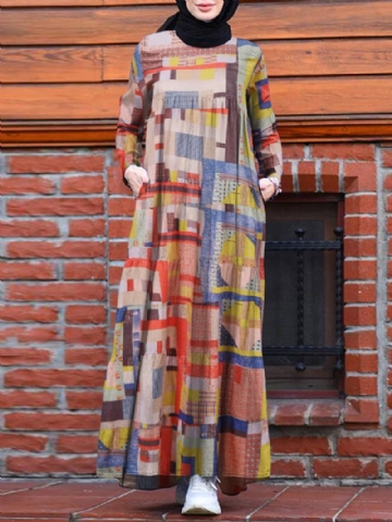 Naisten Abstrakti Painatustiporrastettu Vintage Robe Pitkähihaiset Maximekot Taskulla