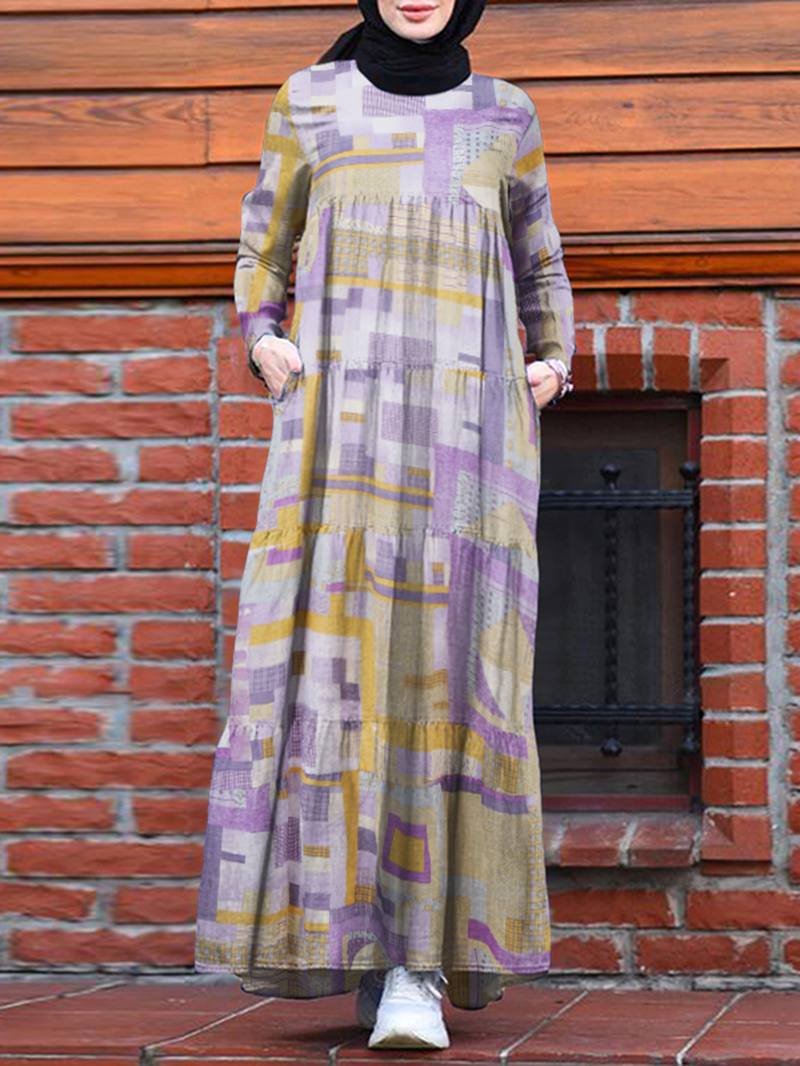 Naisten Abstrakti Painatustiporrastettu Vintage Robe Pitkähihaiset Maximekot Taskulla