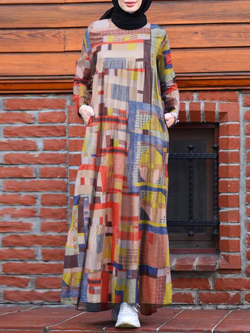 Naisten Abstrakti Painatustiporrastettu Vintage Robe Pitkähihaiset Maximekot Taskulla