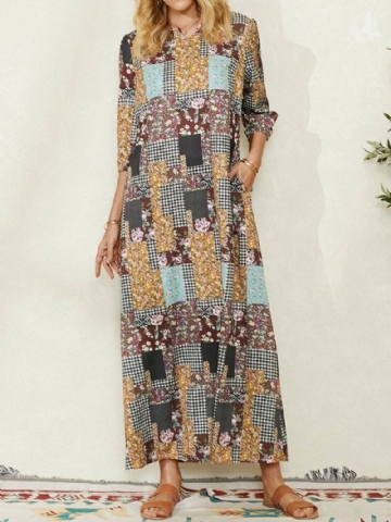 Naisten Colorblock Kukkainen Ruudullinen Vintage Maxi -mekko Taskulla