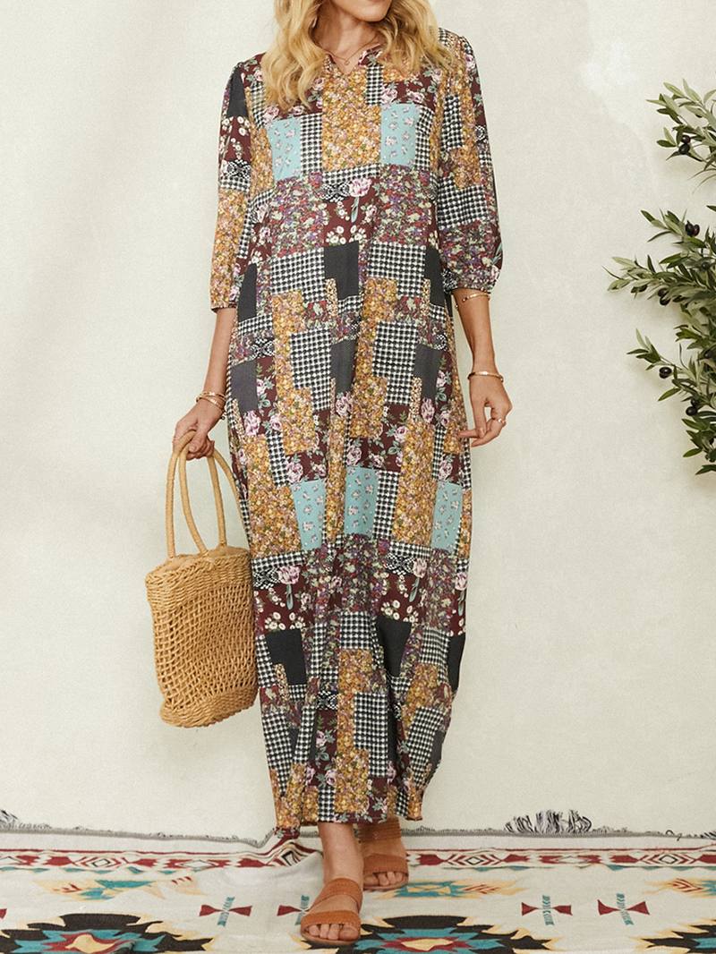 Naisten Colorblock Kukkainen Ruudullinen Vintage Maxi -mekko Taskulla