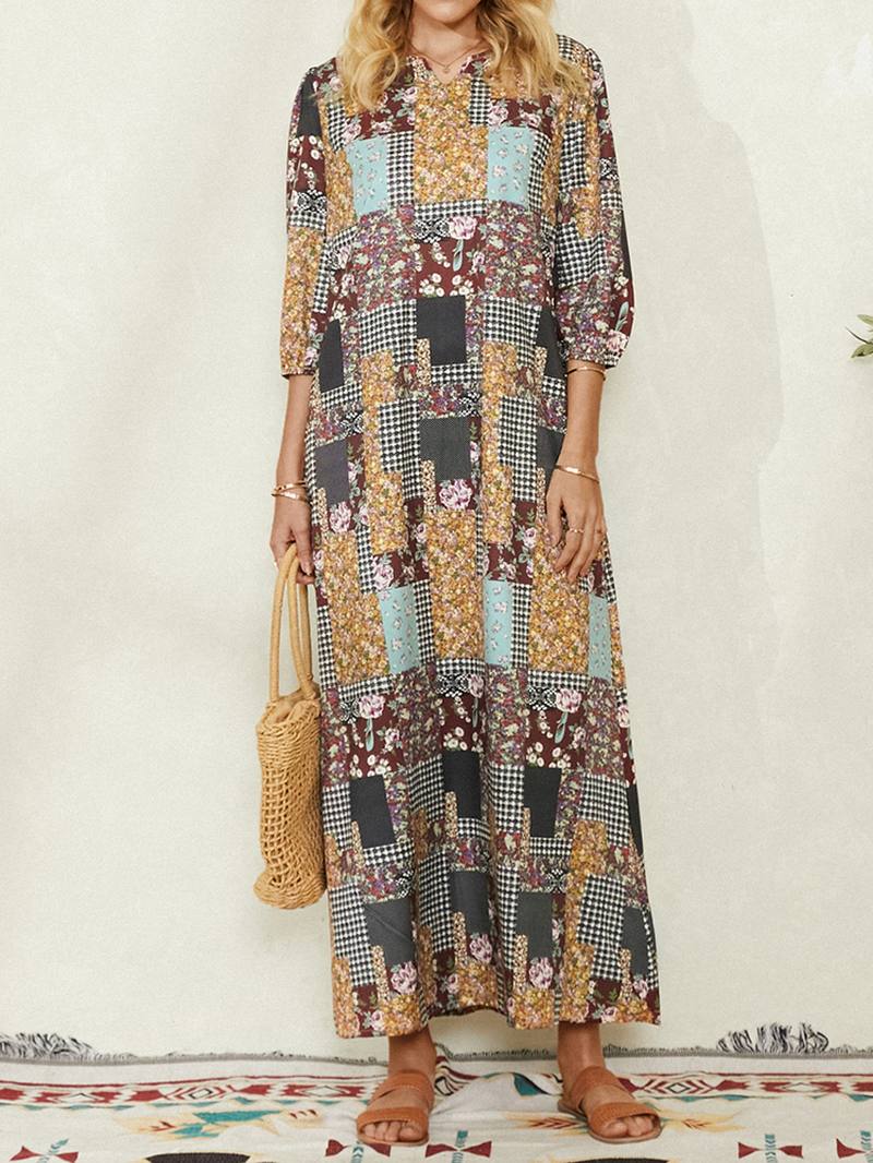 Naisten Colorblock Kukkainen Ruudullinen Vintage Maxi -mekko Taskulla