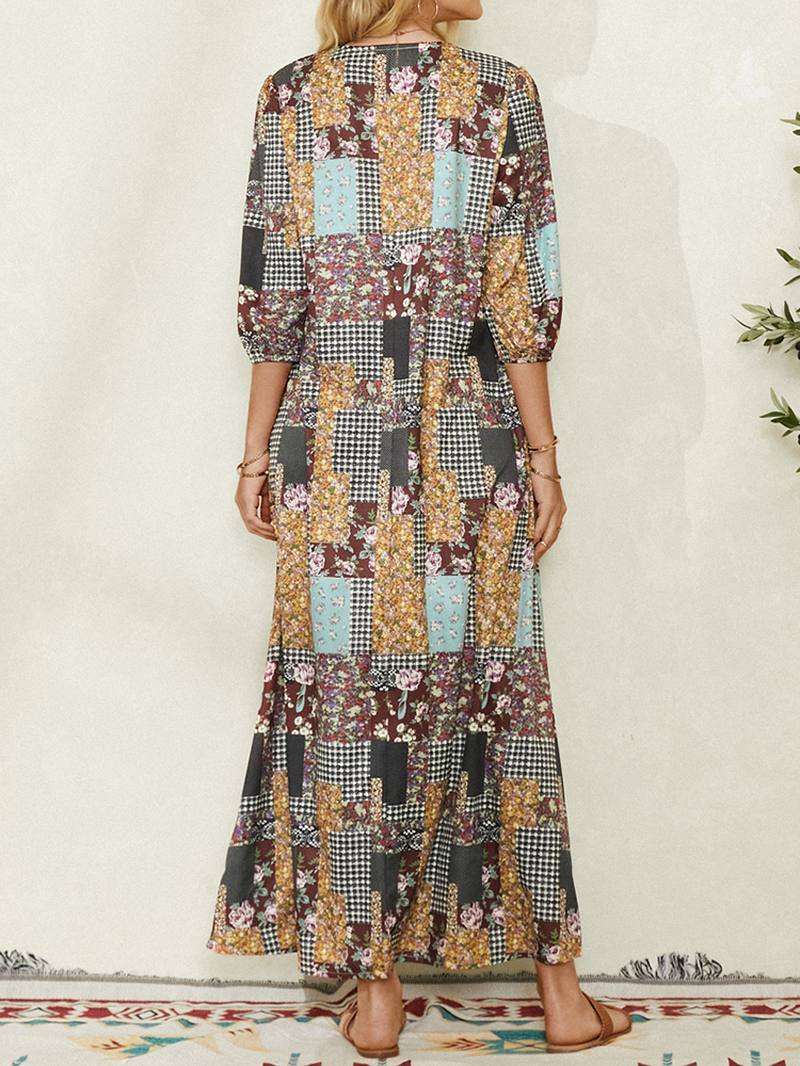 Naisten Colorblock Kukkainen Ruudullinen Vintage Maxi -mekko Taskulla