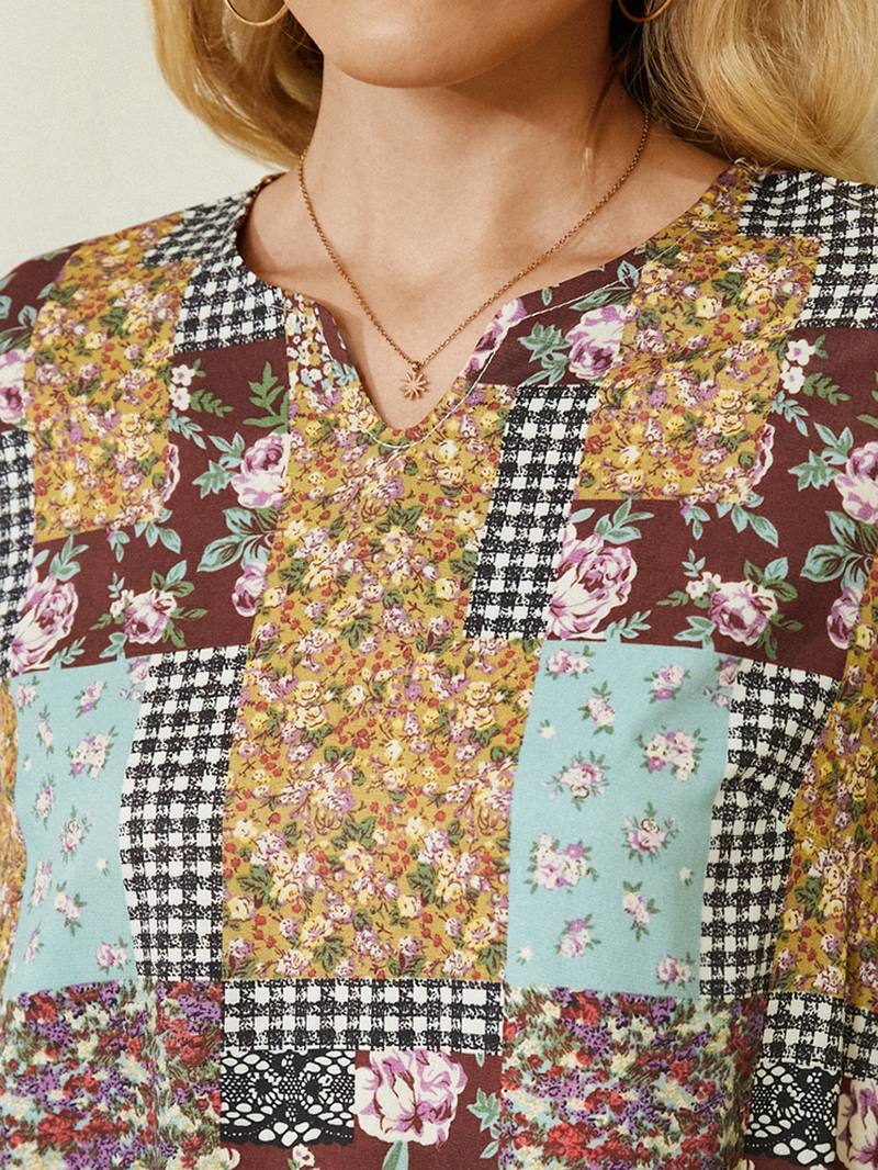 Naisten Colorblock Kukkainen Ruudullinen Vintage Maxi -mekko Taskulla