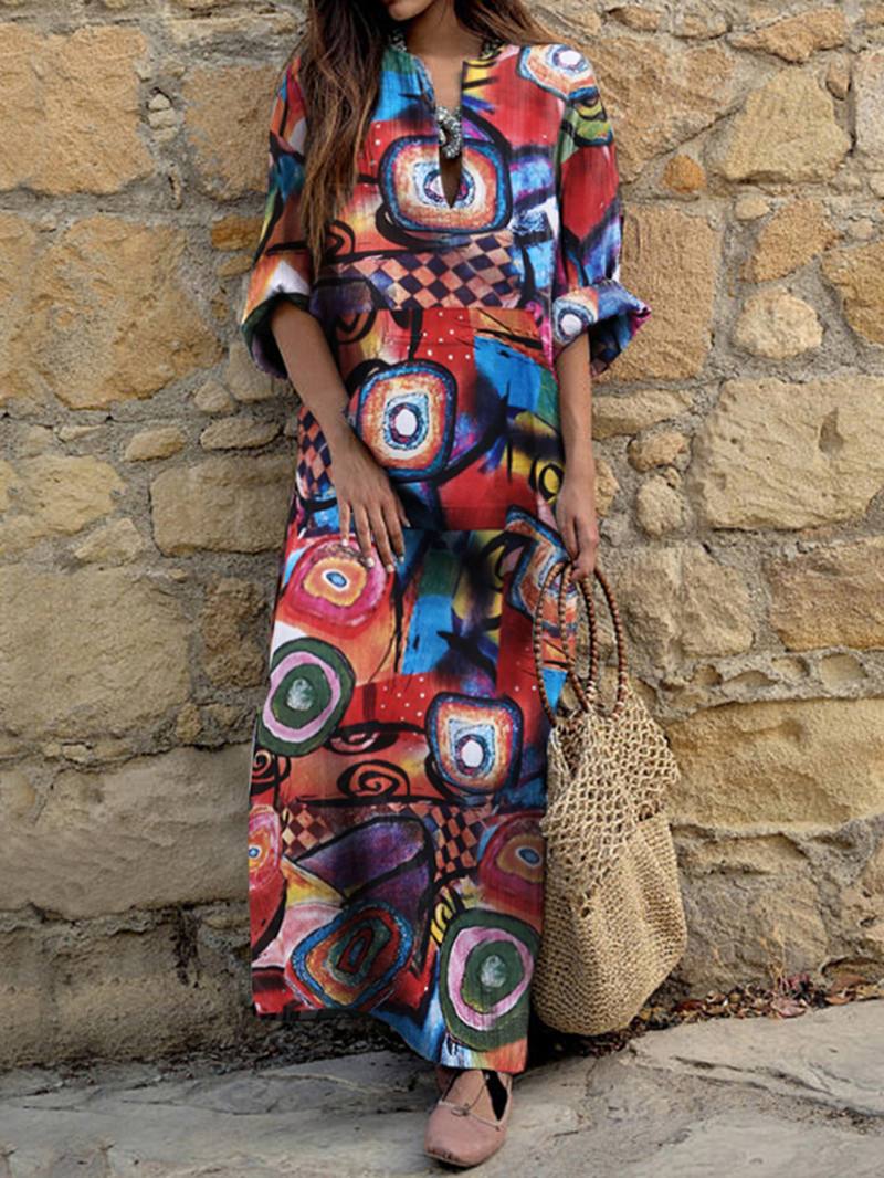 Naisten Etninen Abstrakti Painatusti Pitkähihainen Bohemian Maxi-mekko