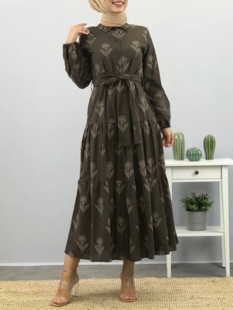 Naisten Kukkakuvioinen Käänne Puhvihihainen Kaftan Maxi -mekko Vyöllä