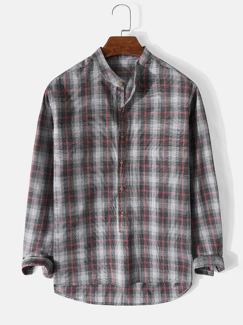 Miesten 100% Puuvillaa Plaid Stand Kaulus Pitkähihaiset Henley Paidat