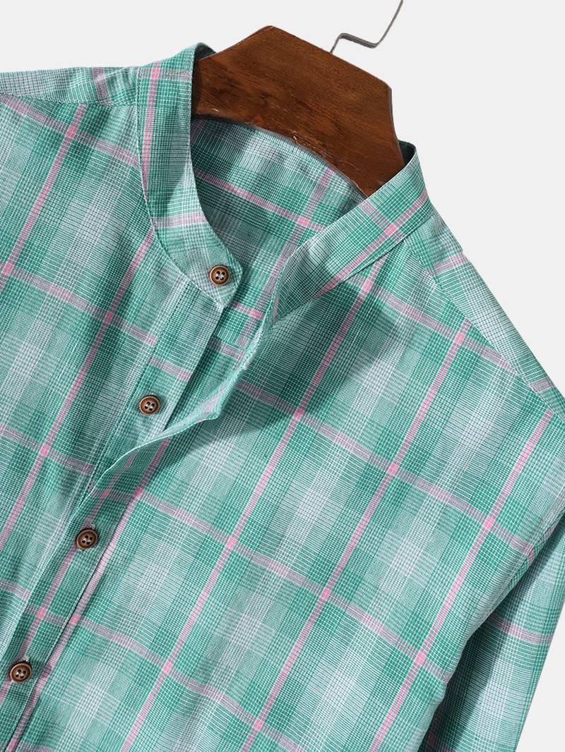 Miesten 100% Puuvillaa Plaid Stand Kaulus Pitkähihaiset Henley Paidat