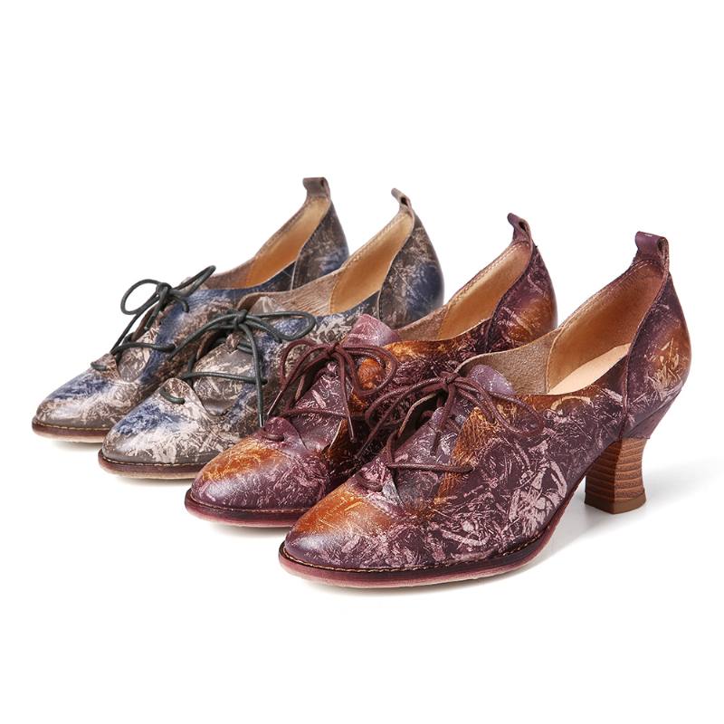 Retro-korkokenkillinen Aitoa Nahkaa Nauhoitettavat Slip On Pumps
