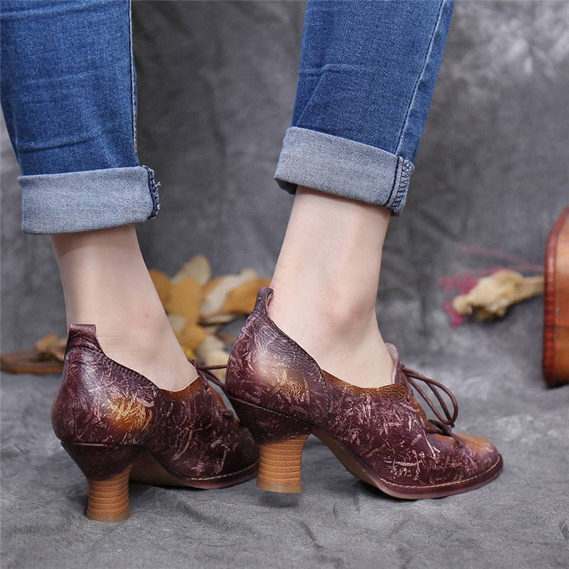 Retro-korkokenkillinen Aitoa Nahkaa Nauhoitettavat Slip On Pumps
