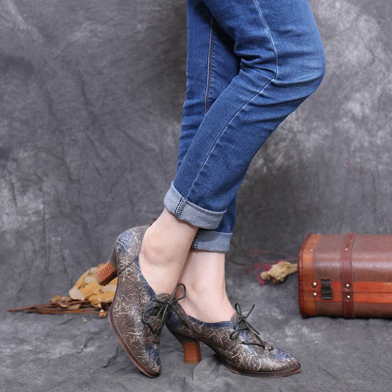 Retro-korkokenkillinen Aitoa Nahkaa Nauhoitettavat Slip On Pumps