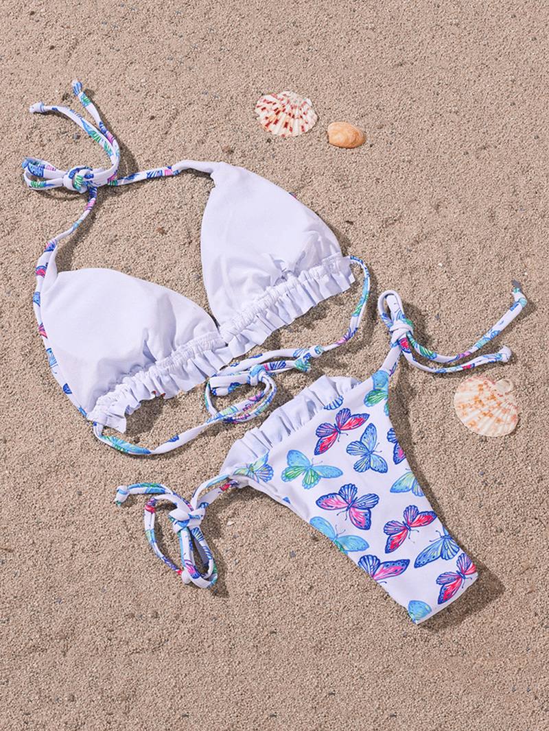 Butterfly Animal Painatus Halter Tie Summer Beach Swimwear Naisten Bikinit