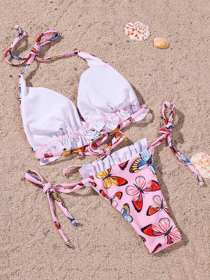 Butterfly Animal Painatus Halter Tie Summer Beach Swimwear Naisten Bikinit
