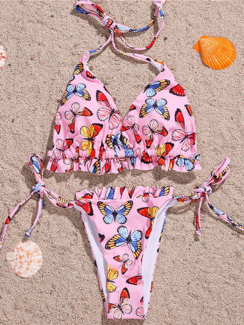 Butterfly Animal Painatus Halter Tie Summer Beach Swimwear Naisten Bikinit