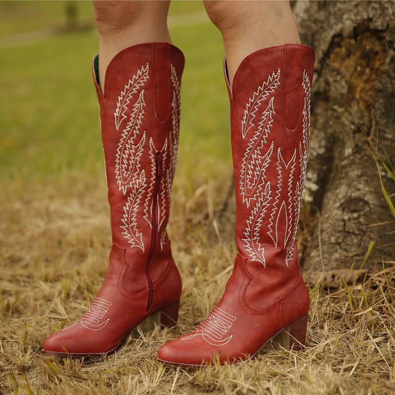 Plus-koon Naisten Retro-punainen Kärkivarvas Brodeerattu Paksu Kantapää Vetoketjulla Cowboy-saappaat