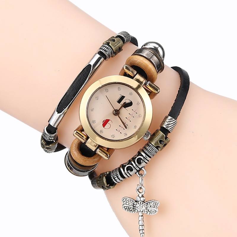 Vintage Monikerroksinen Naisten Rannekoru Kello Diamond Dragonfly Riipus Nahka Ranneke Quartz Watch