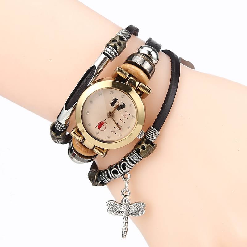 Vintage Monikerroksinen Naisten Rannekoru Kello Diamond Dragonfly Riipus Nahka Ranneke Quartz Watch