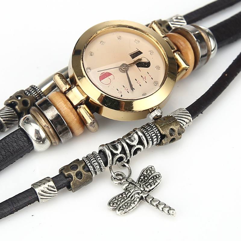 Vintage Monikerroksinen Naisten Rannekoru Kello Diamond Dragonfly Riipus Nahka Ranneke Quartz Watch