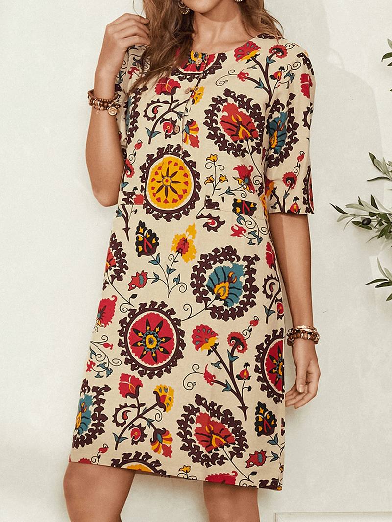 Etninen Tyyli Painatusti Pyöreäkaula Bohemia Rento Midi-mekko Naisille