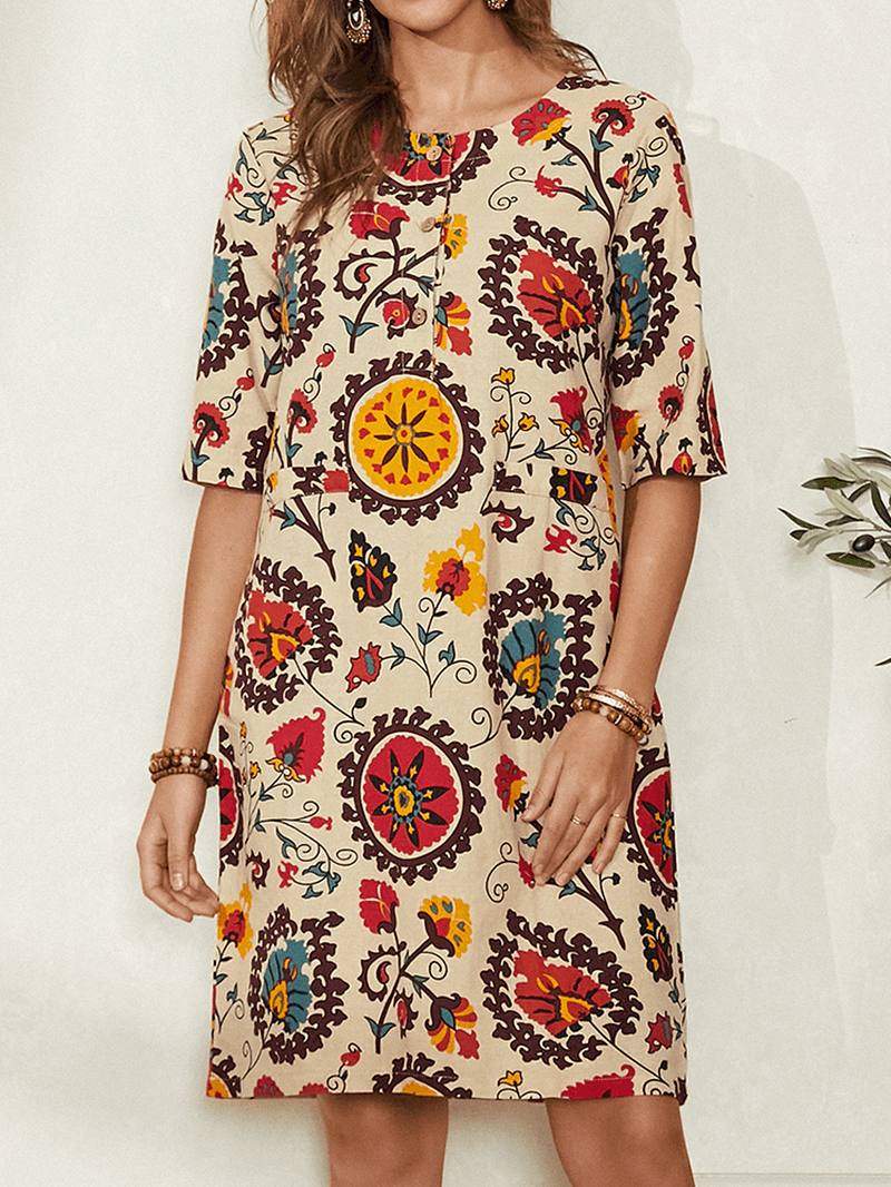 Etninen Tyyli Painatusti Pyöreäkaula Bohemia Rento Midi-mekko Naisille
