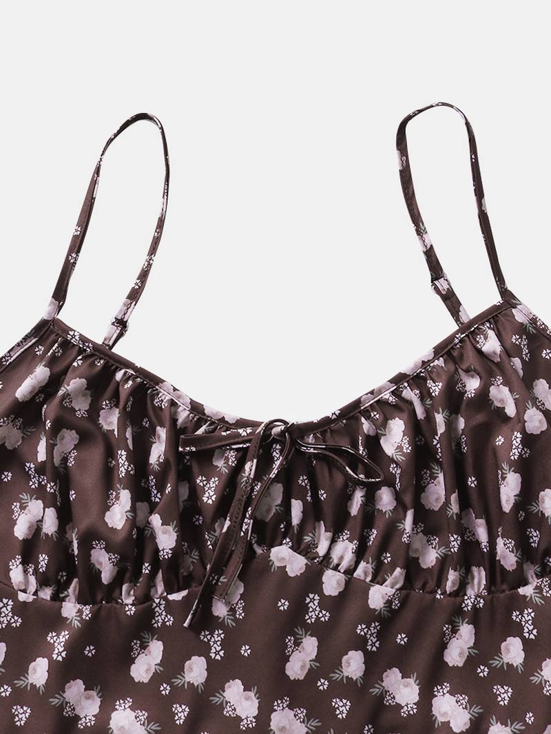 Naisten Retro Kukkapainatusti Split Strappy Cami Rento Midi Mekot