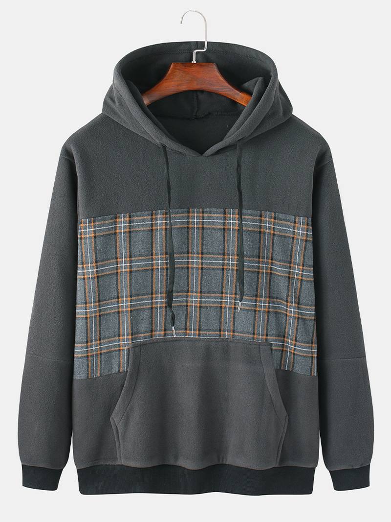 Miesten Puuvillapatchwork Tartan Check Pitkähihaiset Rento Hupparit Joissa On Kengurutasku