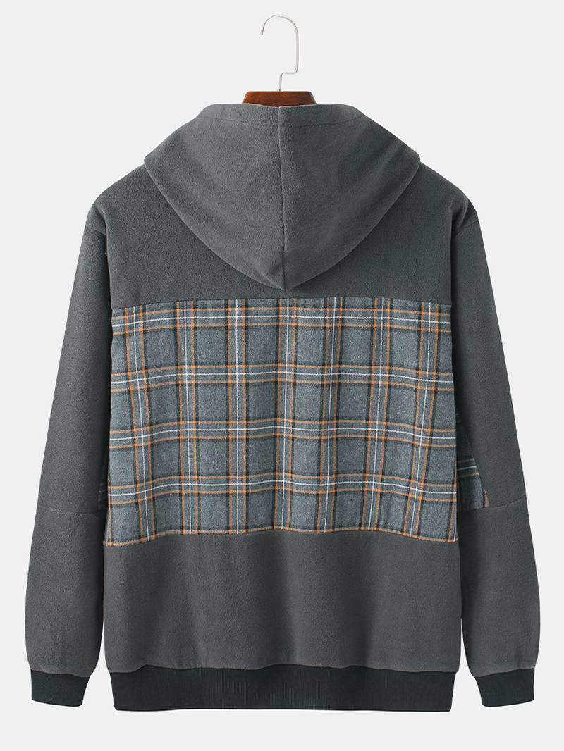 Miesten Puuvillapatchwork Tartan Check Pitkähihaiset Rento Hupparit Joissa On Kengurutasku