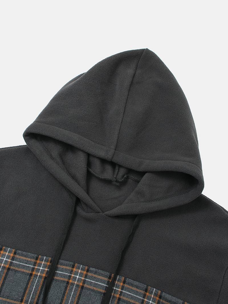 Miesten Puuvillapatchwork Tartan Check Pitkähihaiset Rento Hupparit Joissa On Kengurutasku