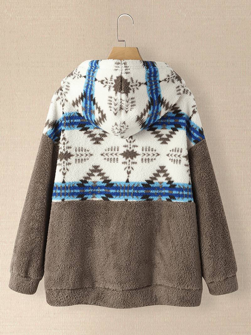 Naisten Tribal Pattern Patchwork Kiristysnyöri Rento Kotivaatteet Lammas Löysä Huppari