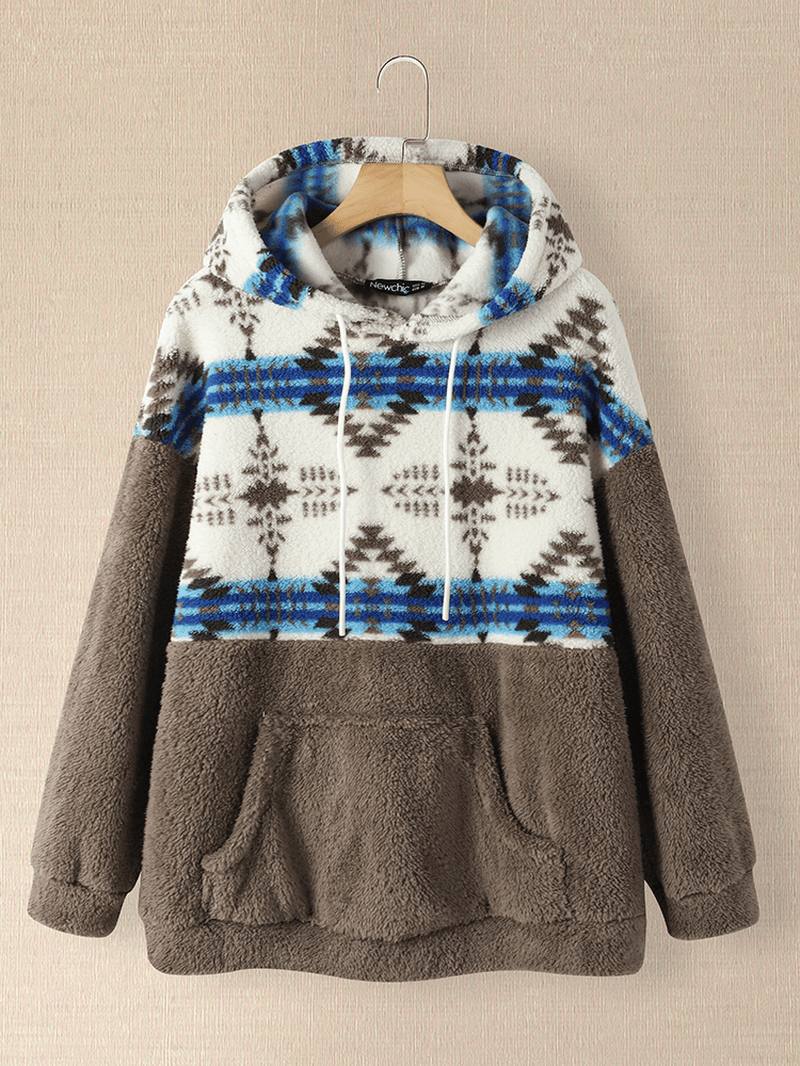 Naisten Tribal Pattern Patchwork Kiristysnyöri Rento Kotivaatteet Lammas Löysä Huppari