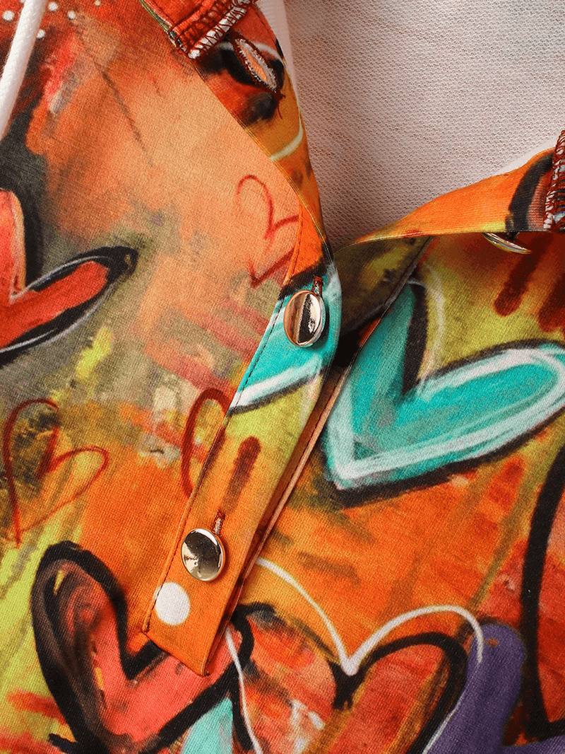 Naisten Värikäs Graffiti Heart Painatus Pitkähihainen Kiristysnyörillinen Huppari Kengurutaskulla