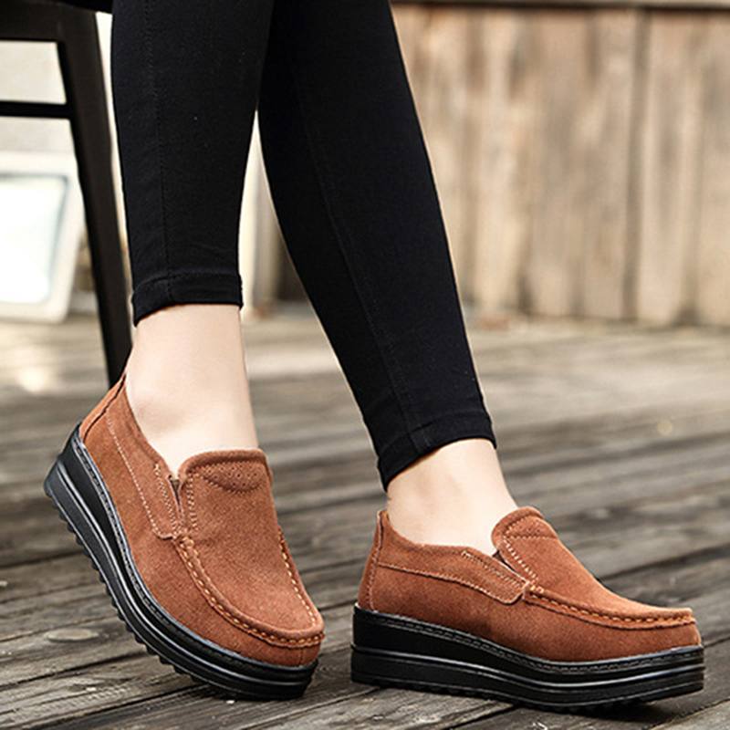 Naisten Wedge Heel Platforms Rento Mokkanahka Pyöreä Toe Kengät