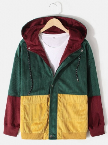 Miesten Vintage Colorblock Vakosametti Tikkaus Hupullinen Takki