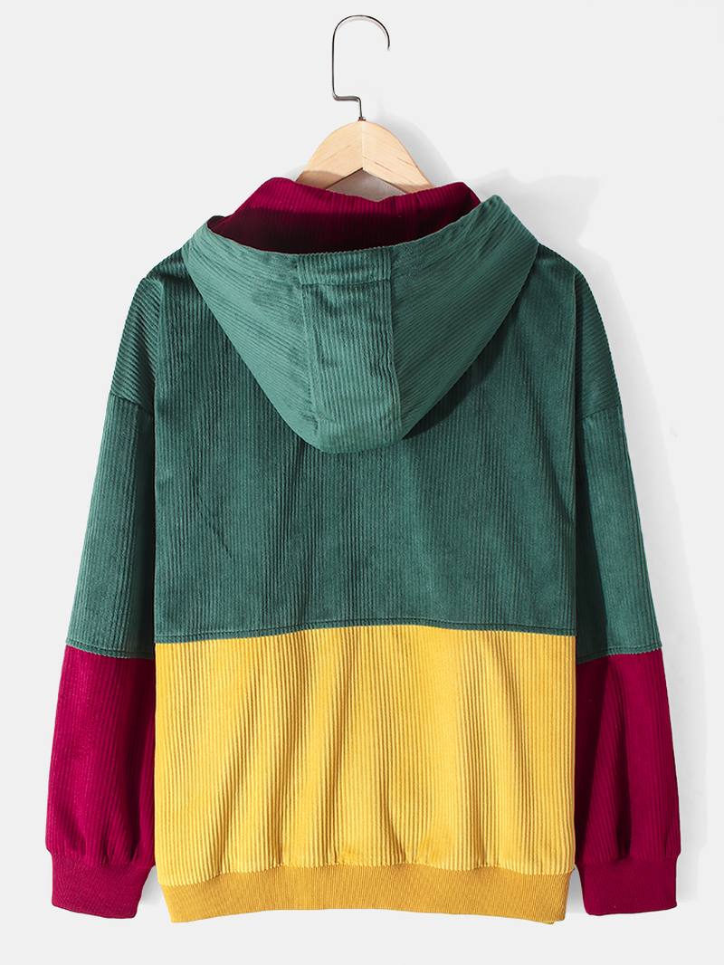 Miesten Vintage Colorblock Vakosametti Tikkaus Hupullinen Takki