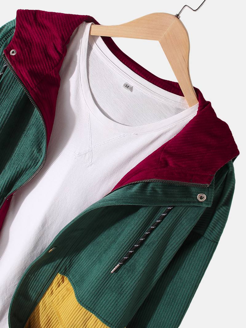 Miesten Vintage Colorblock Vakosametti Tikkaus Hupullinen Takki