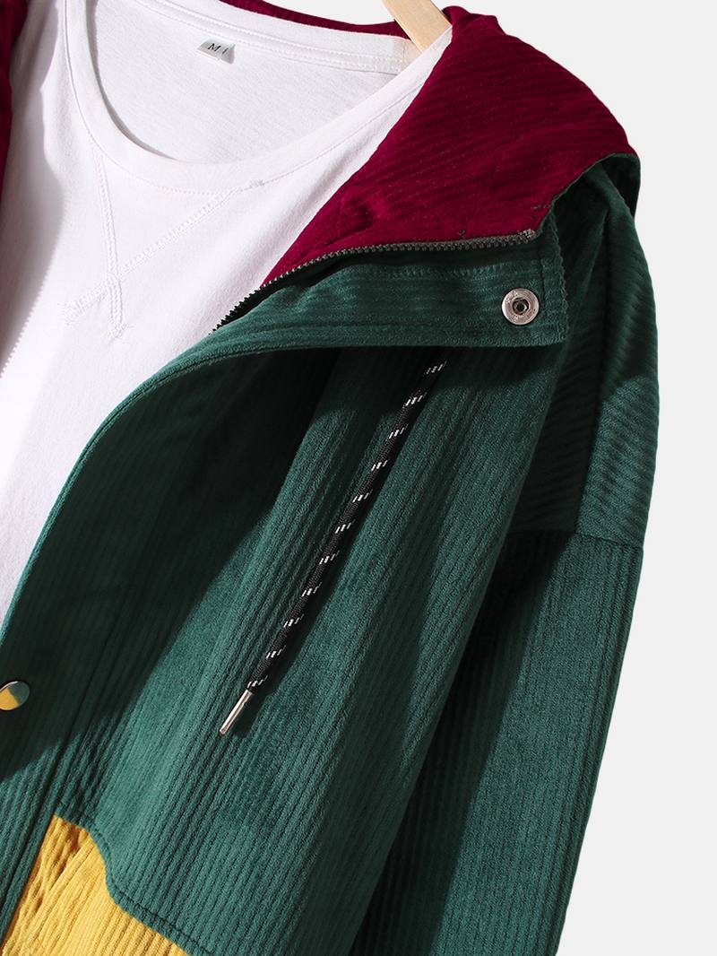 Miesten Vintage Colorblock Vakosametti Tikkaus Hupullinen Takki