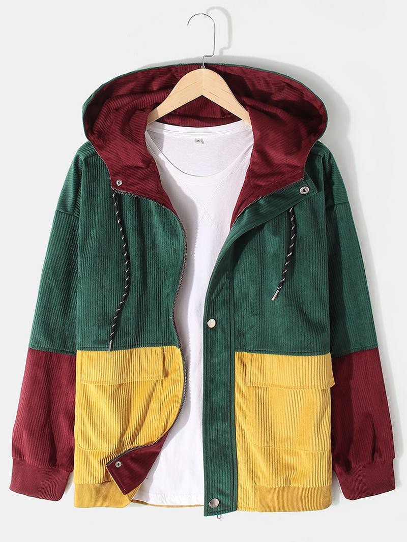 Miesten Vintage Colorblock Vakosametti Tikkaus Hupullinen Takki