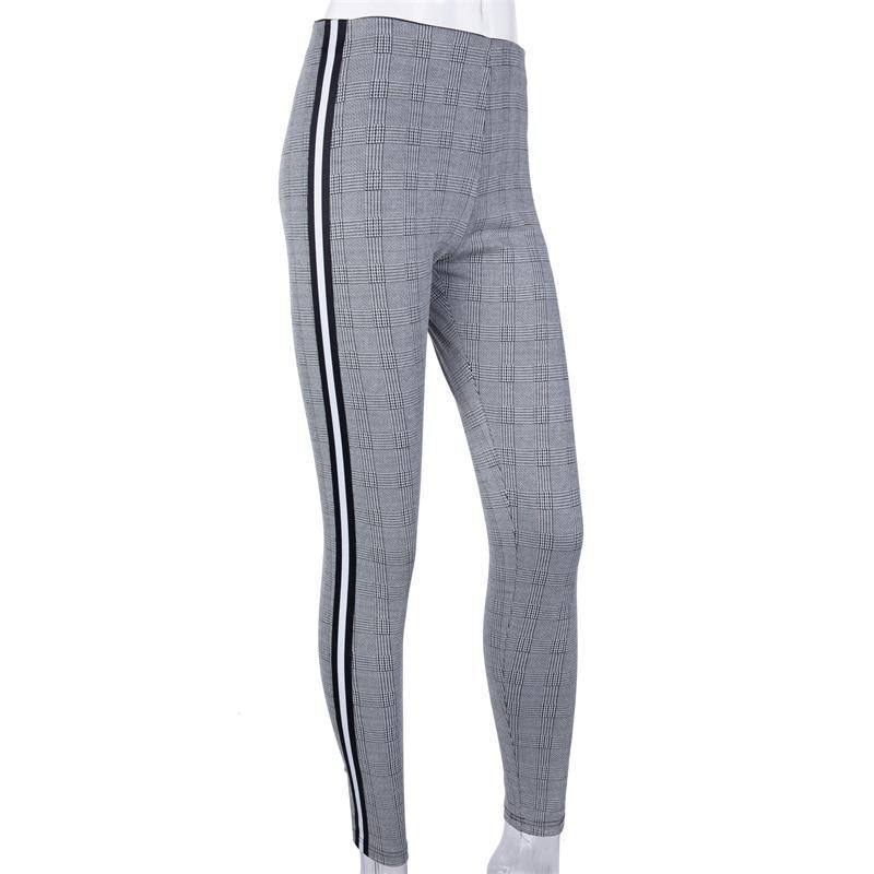 Joustava Joustava Sivu Raidallinen Ruudullinen Lyijykynä Housut Naisten Housut Joustava Vyötärö Tweed Viistot Elegant